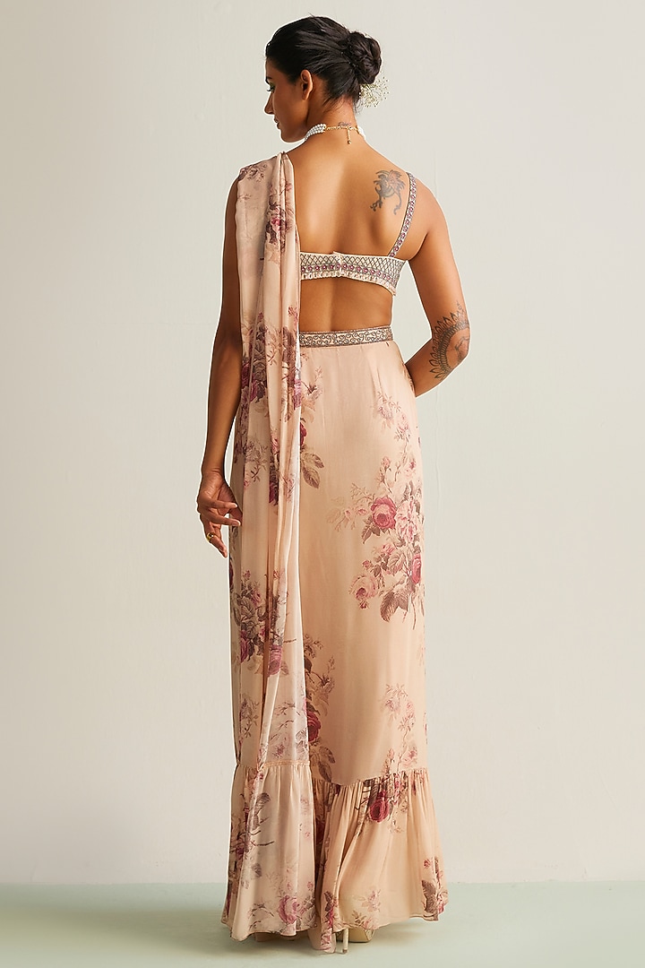 Beige Viscose Georgette Printed Pre-Draped Wedding Saree Set by Kalista at Pernia's Pop Up Shop
