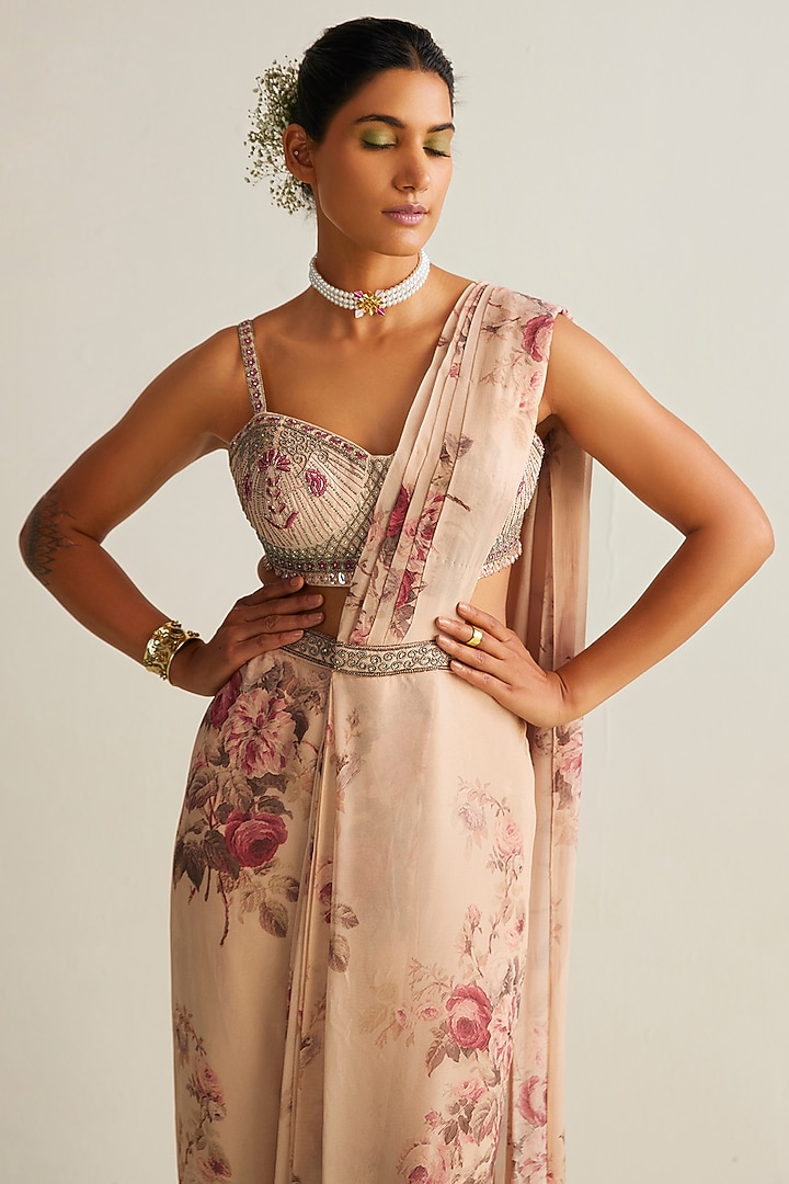 Beige Viscose Georgette Printed Pre-Draped Wedding Saree Set by Kalista at Pernia's Pop Up Shop