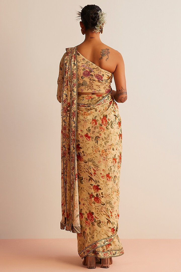 Beige Viscose Georgette Printed Pre-Draped Wedding Saree Set by Kalista at Pernia's Pop Up Shop