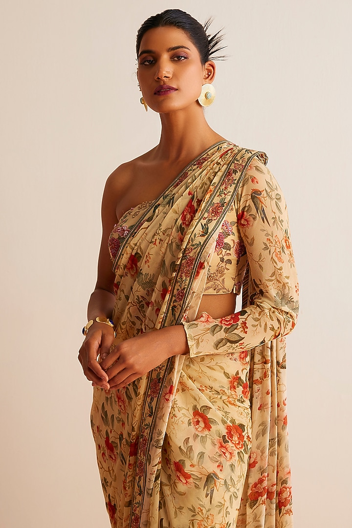 Beige Viscose Georgette Printed Pre-Draped Wedding Saree Set by Kalista at Pernia's Pop Up Shop