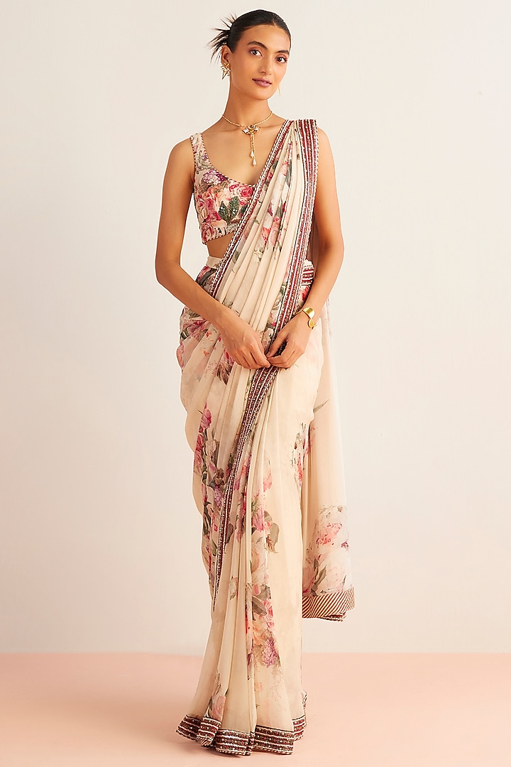 Off-White Viscose Georgette Printed Pre-Draped Saree Set by Kalista