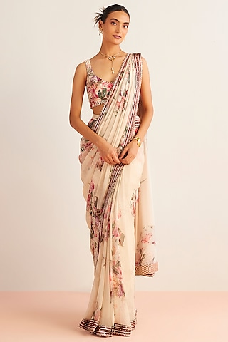 Off-White Viscose Georgette Printed Pre-Draped Saree Set by Kalista