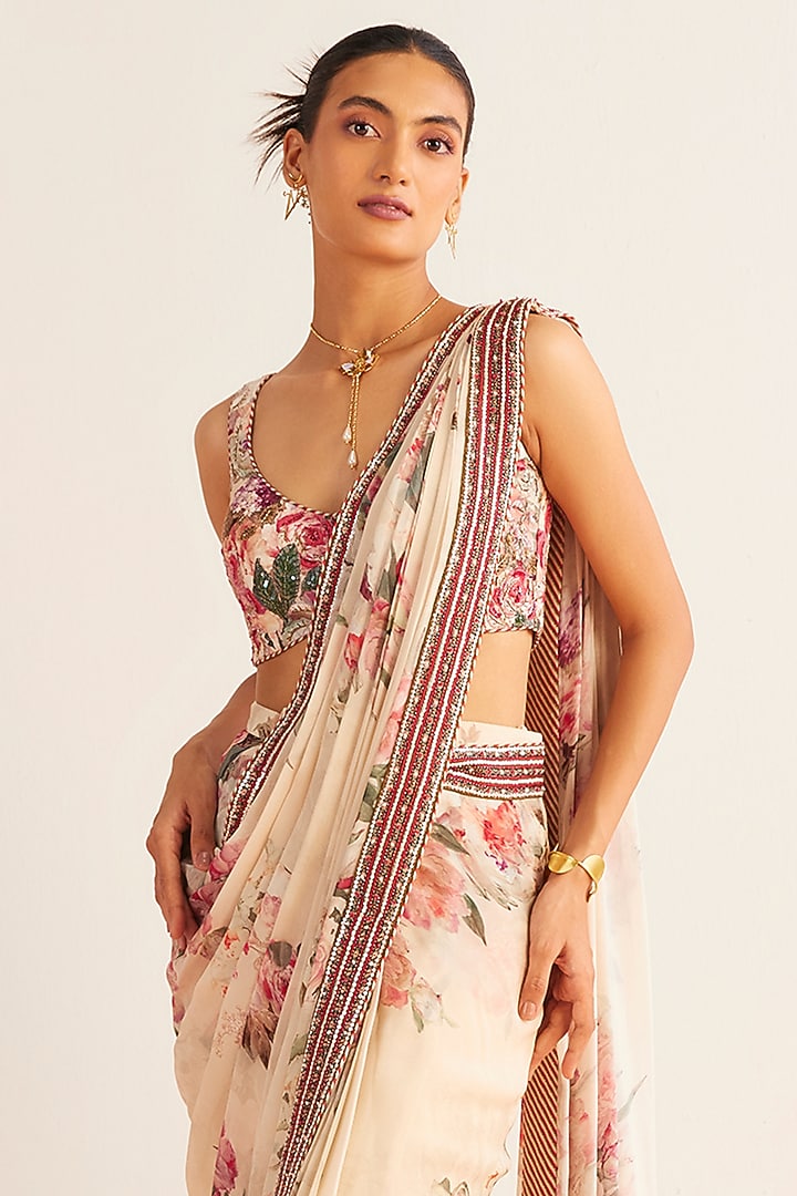 Off-White Viscose Georgette Printed Pre-Draped Wedding Saree Set by Kalista at Pernia's Pop Up Shop