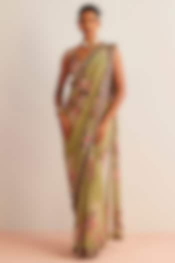 Mint Green Viscose Georgette Printed Pre-Draped Wedding Saree Set by Kalista at Pernia's Pop Up Shop