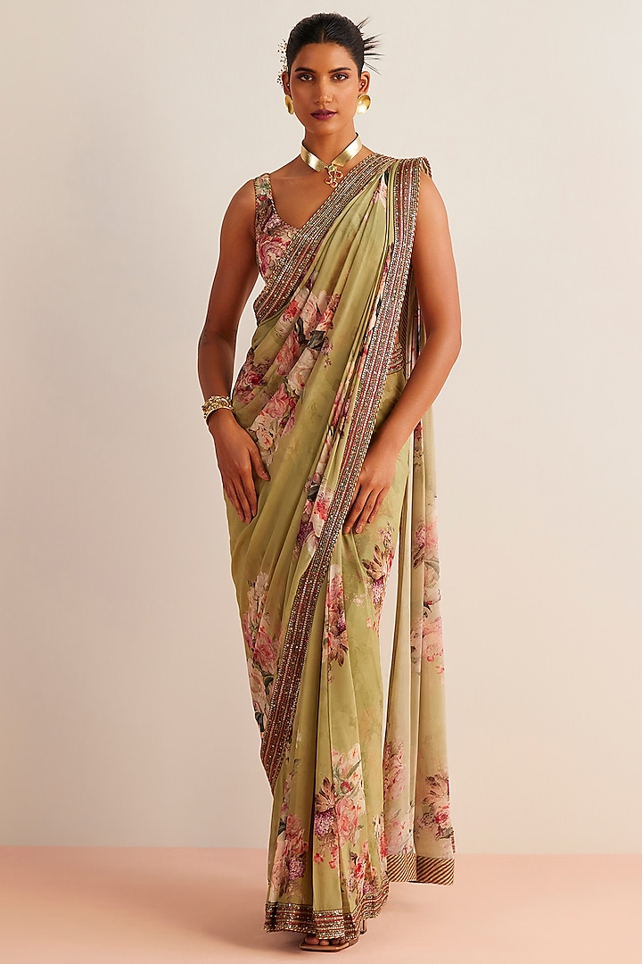 Mint Green Viscose Georgette Printed Pre-Draped Wedding Saree Set by Kalista at Pernia's Pop Up Shop