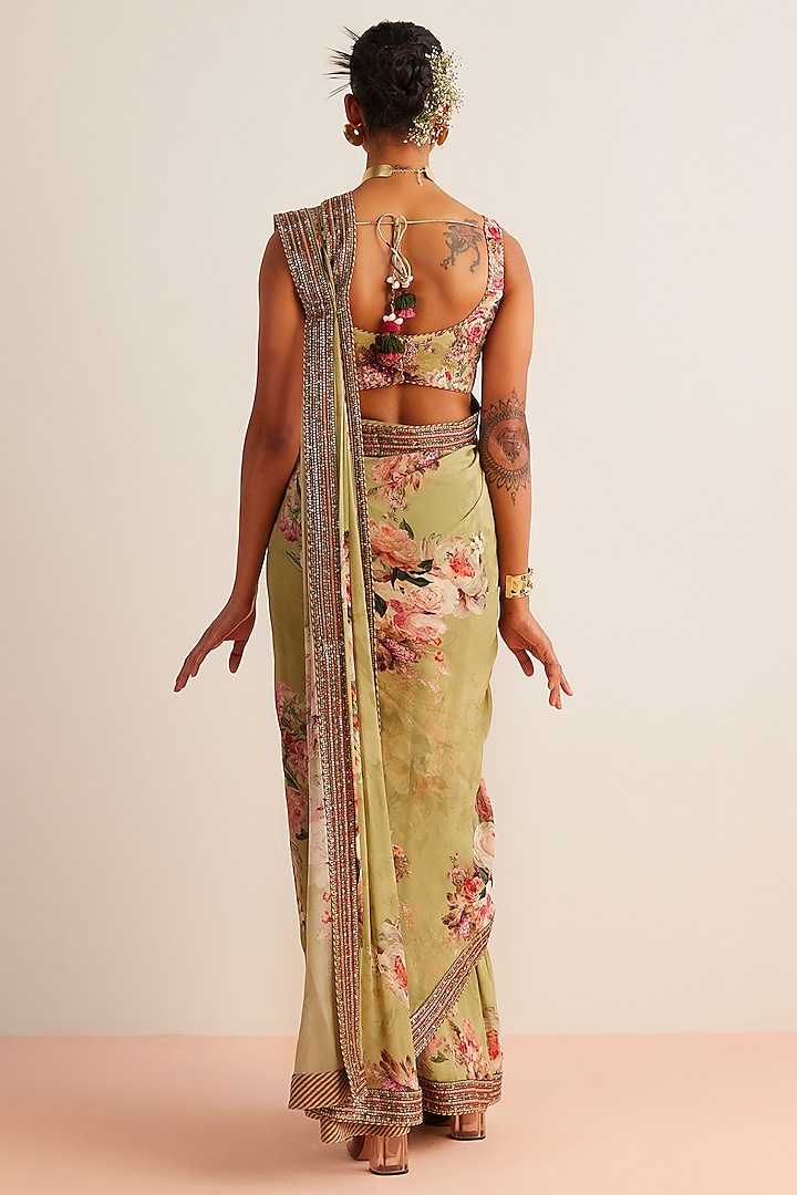 Mint Green Viscose Georgette Printed Pre-Draped Wedding Saree Set by Kalista at Pernia's Pop Up Shop