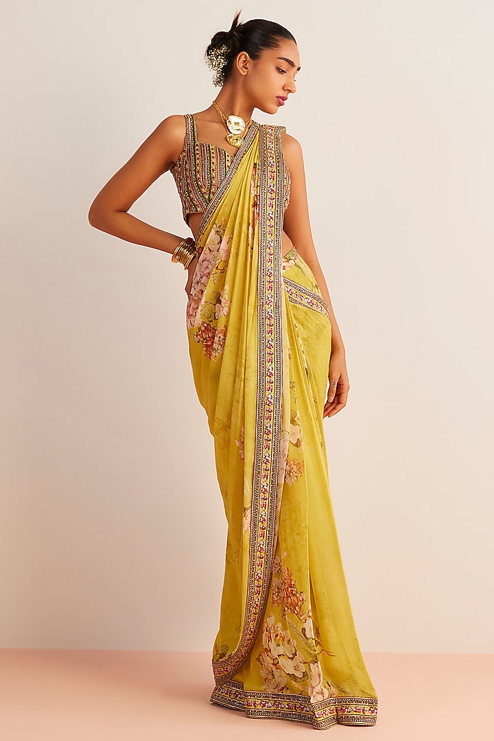 Yellow Viscose Georgette Embroidered Pre-Draped Saree Set by Kalista
