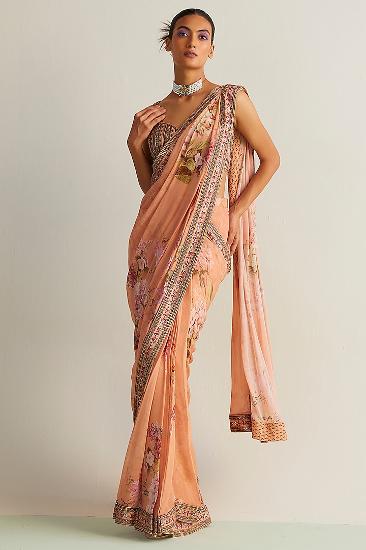 Peach Viscose Georgette Embroidered Pre-Draped Saree Set by Kalista