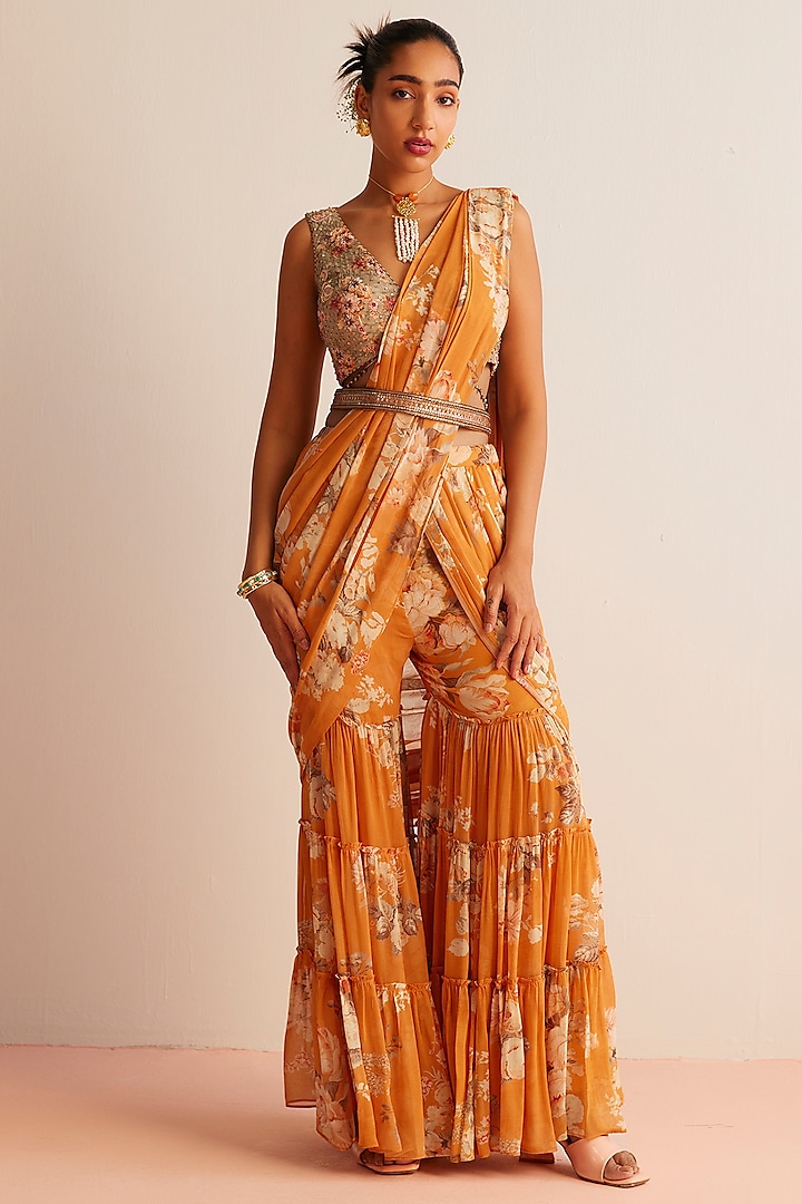 Orange Viscose Georgette Pre-Draped Gharara Saree Set by Kalista at Pernia's Pop Up Shop