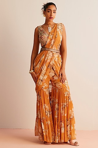 Embellished Orange Blouse with Chiffon Ruffle Saree – Pasha India