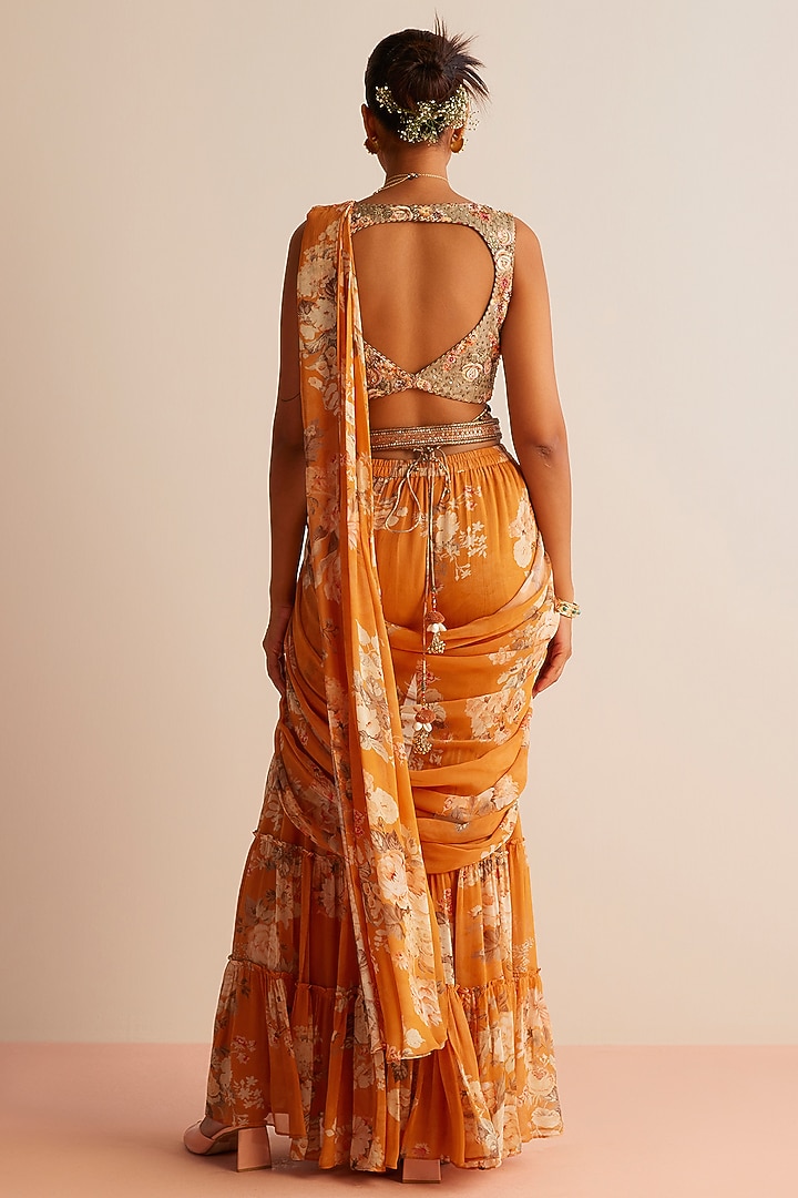 Orange Viscose Georgette Pre-Draped Gharara Wedding Saree Set by Kalista at Pernia's Pop Up Shop