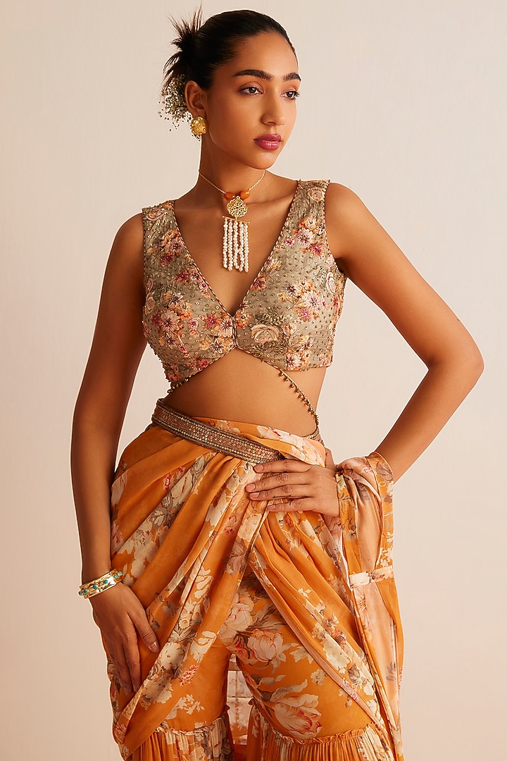 Orange Viscose Georgette Pre-Draped Gharara Wedding Saree Set by Kalista at Pernia's Pop Up Shop