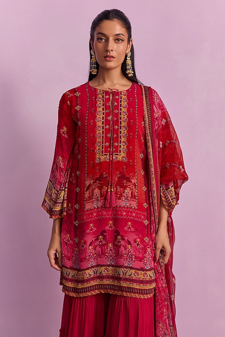 Crimson Red Viscose Georgette Party Wear Sharara Set by Kalista at Pernia's Pop Up Shop