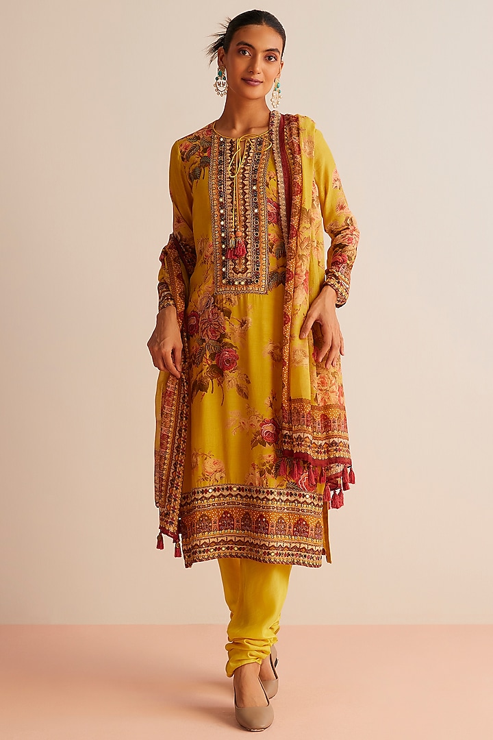 Yellow Cotton Silk Printed & Embroidered Kurta Set by Kalista
