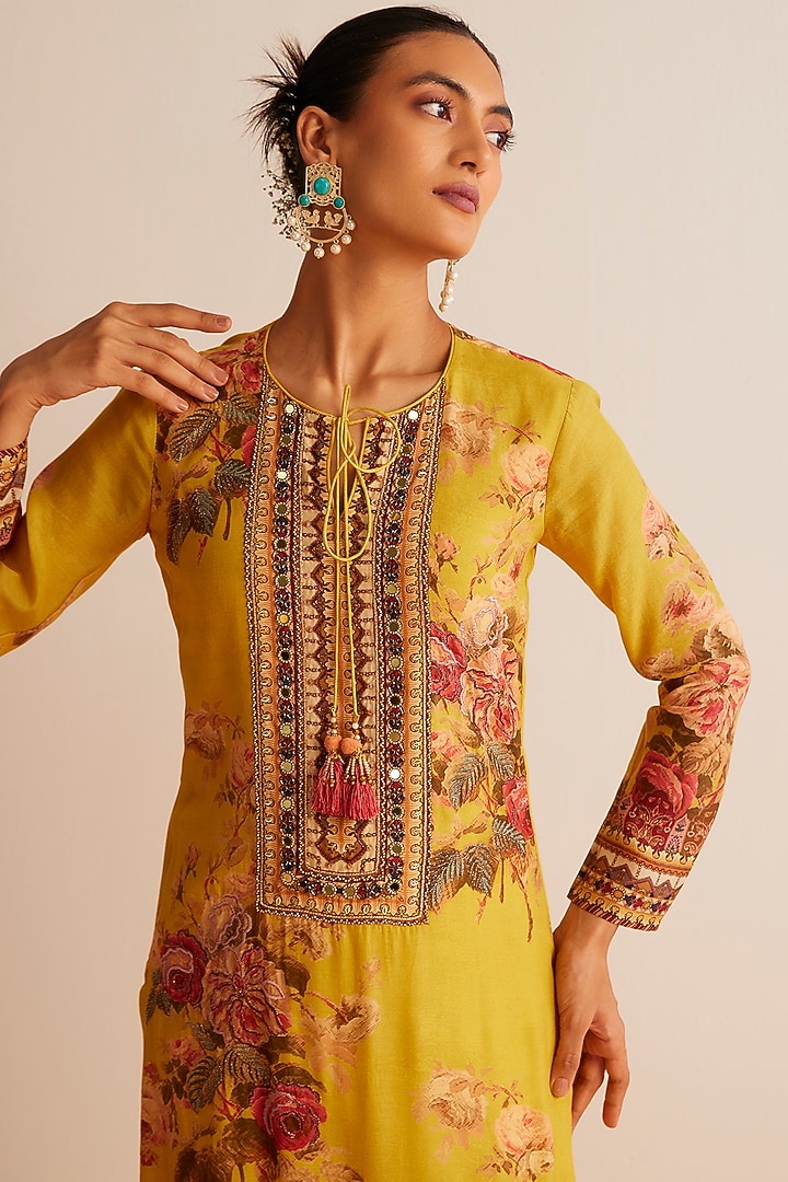 Yellow Cotton Silk Printed & Embroidered Kurta Set by Kalista at Pernia's Pop Up Shop