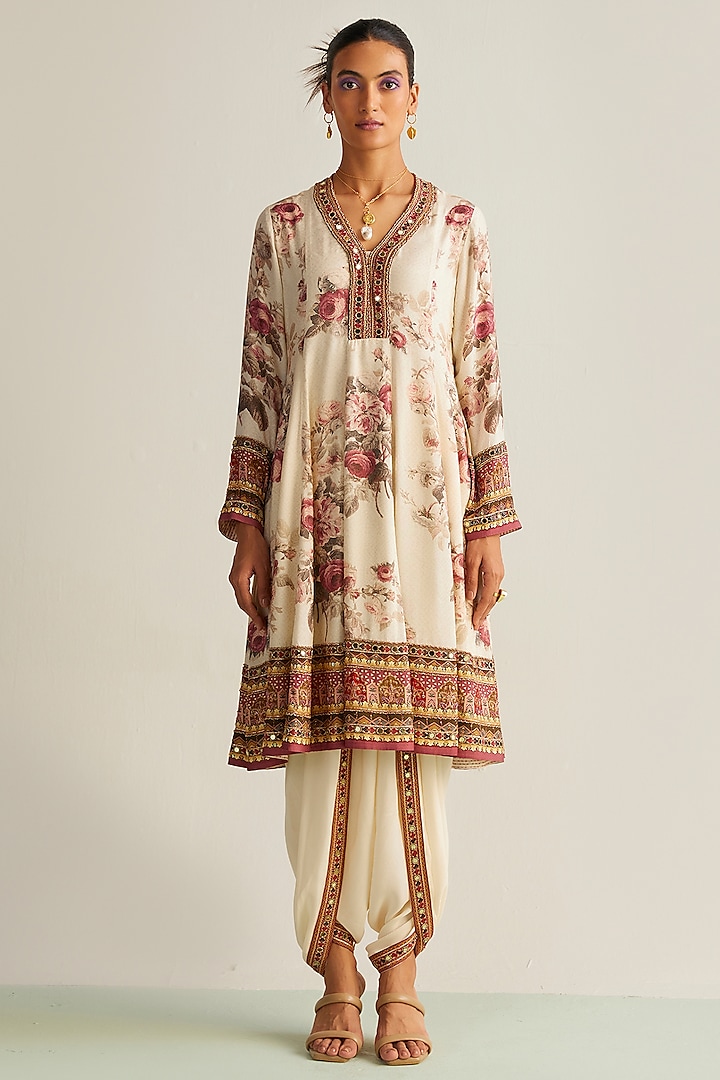 Off-White Cotton Silk Printed Short Anarkali Set by Kalista at Pernia's Pop Up Shop