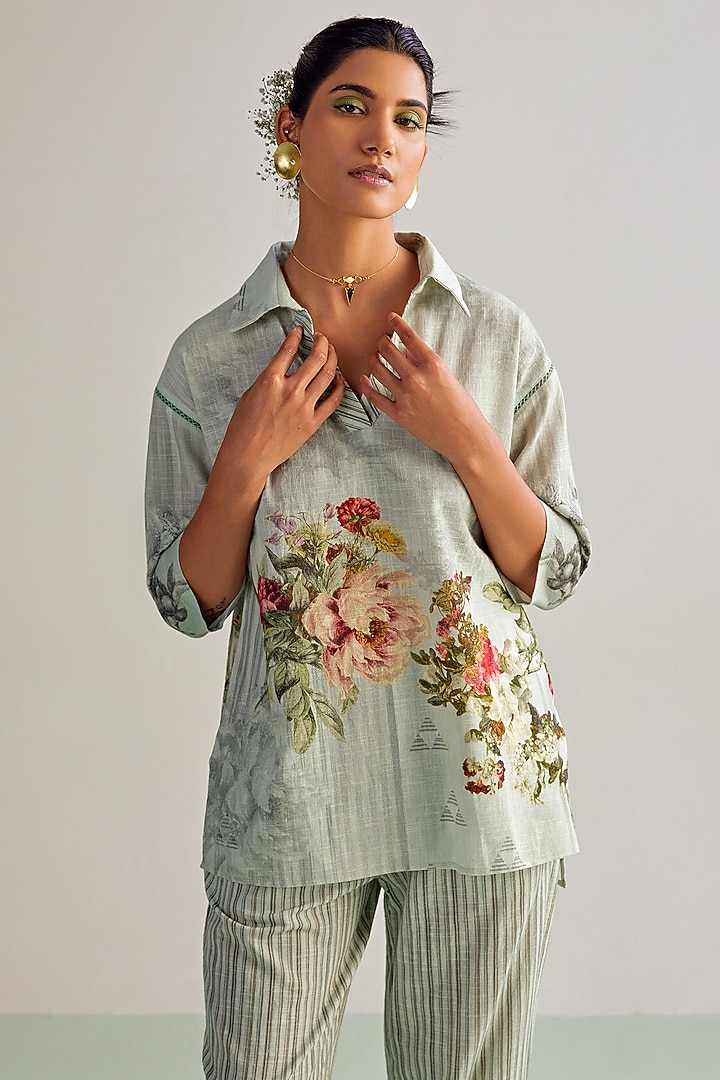 Powder Blue Viscose Slub Printed Co-Ord Set by Kalista at Pernia's Pop Up Shop