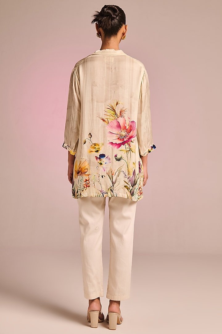 Cream Satin Floral Printed Asymmetric Tunic Set by Kalista at Pernia's Pop Up Shop