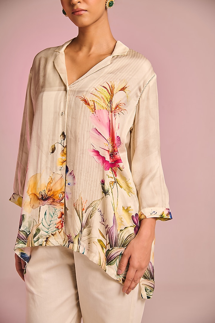 Cream Satin Floral Printed Asymmetric Tunic Set by Kalista at Pernia's Pop Up Shop
