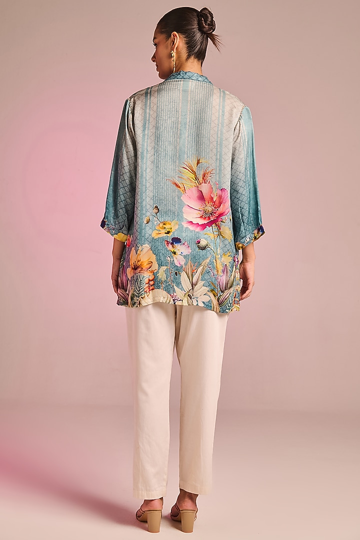 Aqua Satin Floral Printed Asymmetric Tunic Set by Kalista at Pernia's Pop Up Shop