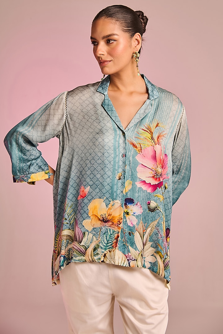 Aqua Satin Floral Printed Asymmetric Tunic Set by Kalista at Pernia's Pop Up Shop