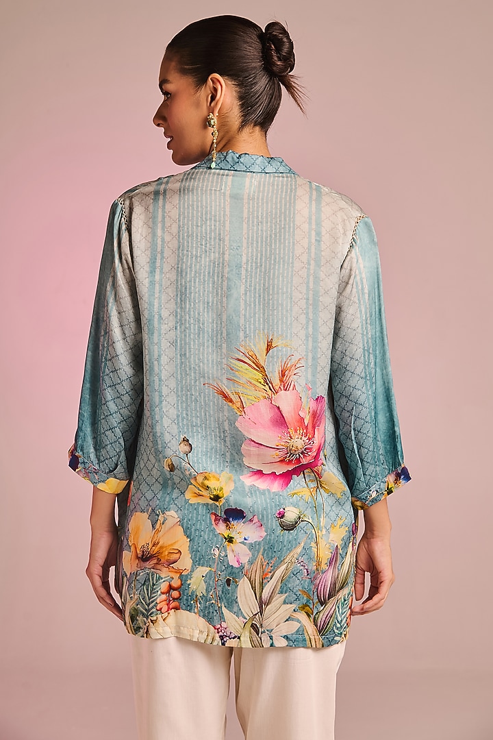 Aqua Satin Floral Printed Asymmetric Tunic Set by Kalista at Pernia's Pop Up Shop