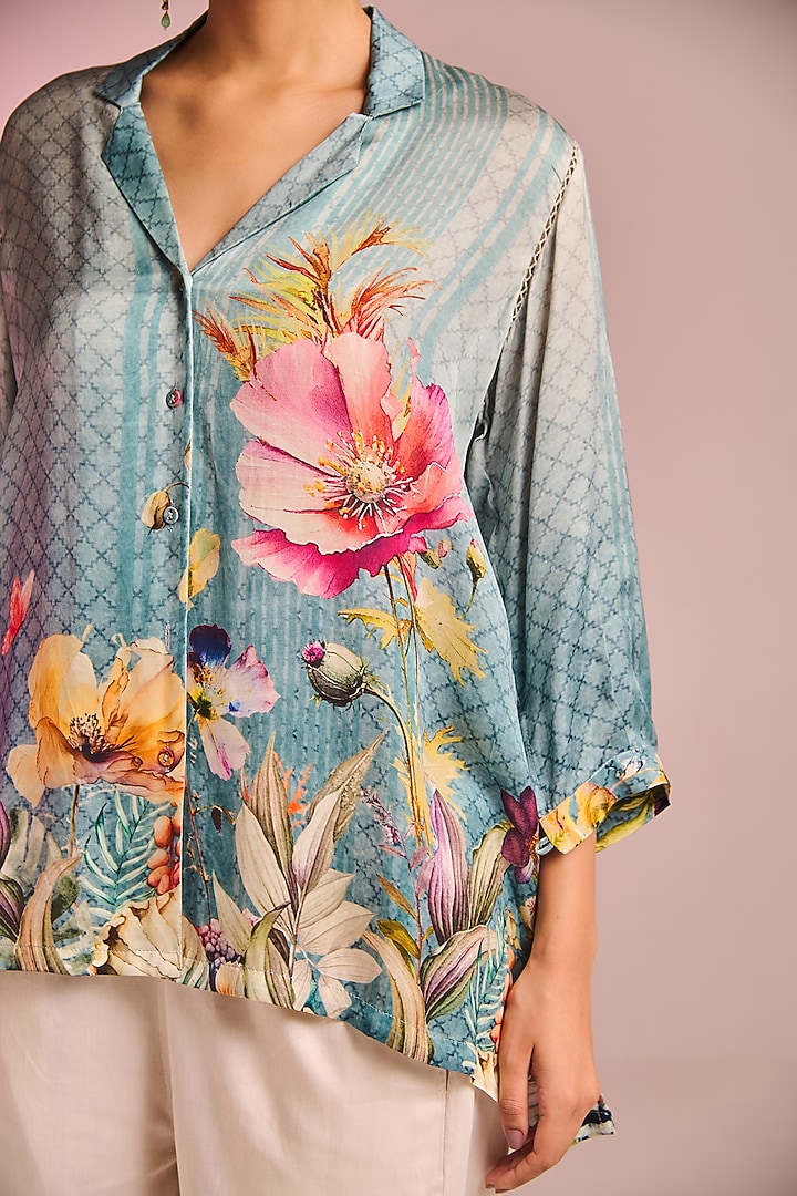 Aqua Satin Floral Printed Asymmetric Tunic Set by Kalista at Pernia's Pop Up Shop