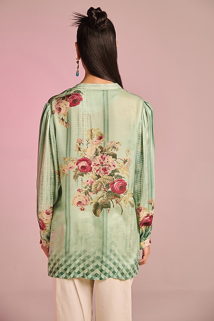 Sea Blue & Cream Satin Floral Printed Co-Ord Set by Kalista at Pernia's Pop Up Shop