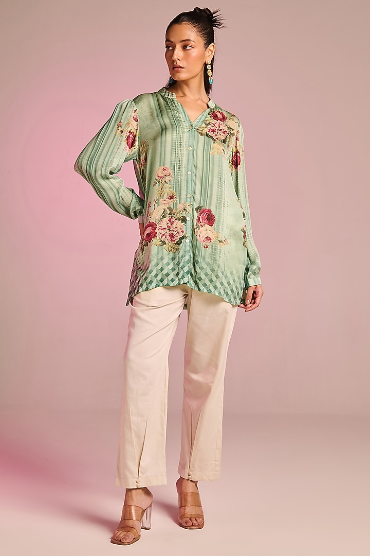 Sea Blue & Cream Satin Floral Printed Co-Ord Set by Kalista at Pernia's Pop Up Shop