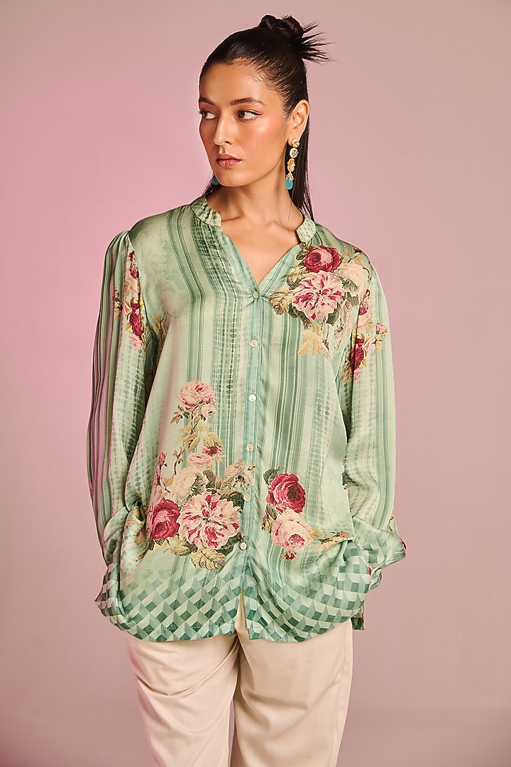 Sea Blue & Cream Satin Floral Printed Co-Ord Set by Kalista at Pernia's Pop Up Shop
