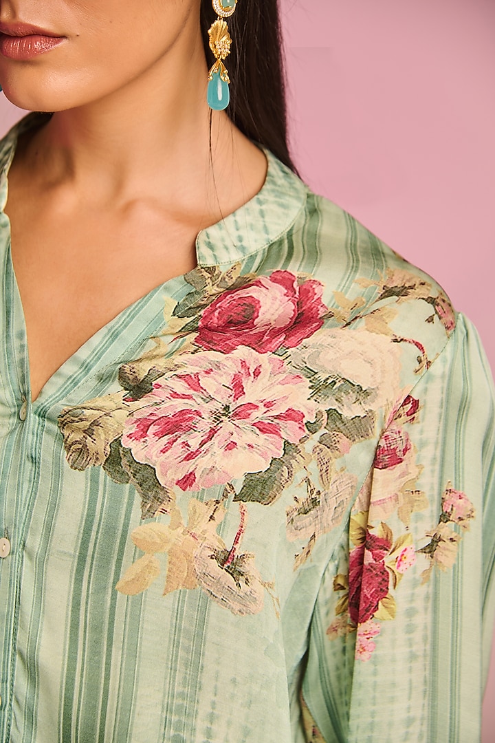 Sea Blue & Cream Satin Floral Printed Co-Ord Set by Kalista at Pernia's Pop Up Shop