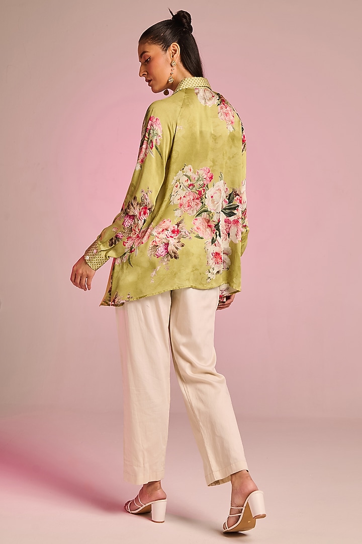 Light Olive Satin Floral Printed Tunic Set by Kalista at Pernia's Pop Up Shop