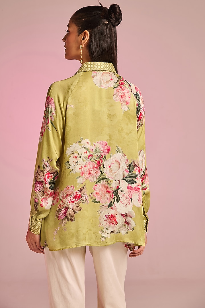 Light Olive Satin Floral Printed Tunic Set by Kalista at Pernia's Pop Up Shop