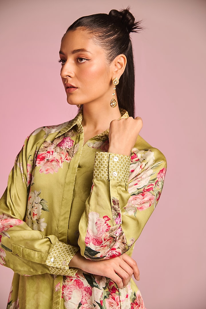Light Olive Satin Floral Printed Tunic Set by Kalista at Pernia's Pop Up Shop