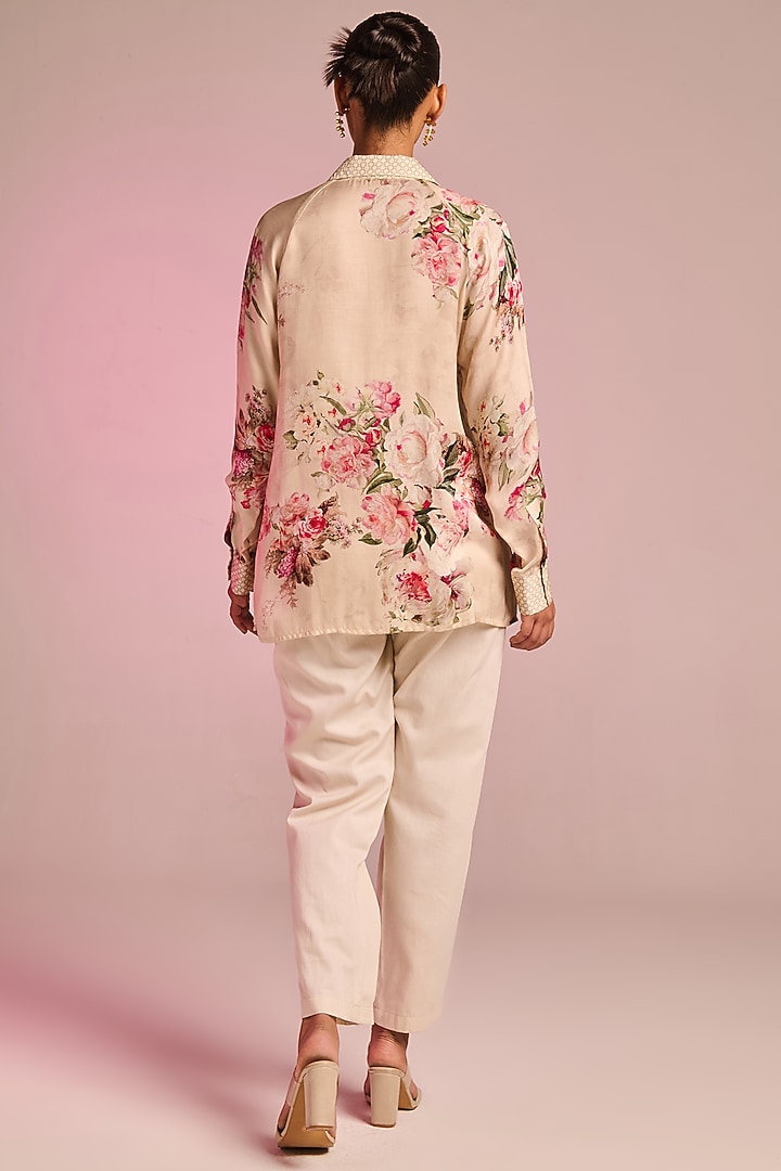 Cream Satin Floral Printed Tunic Set by Kalista at Pernia's Pop Up Shop