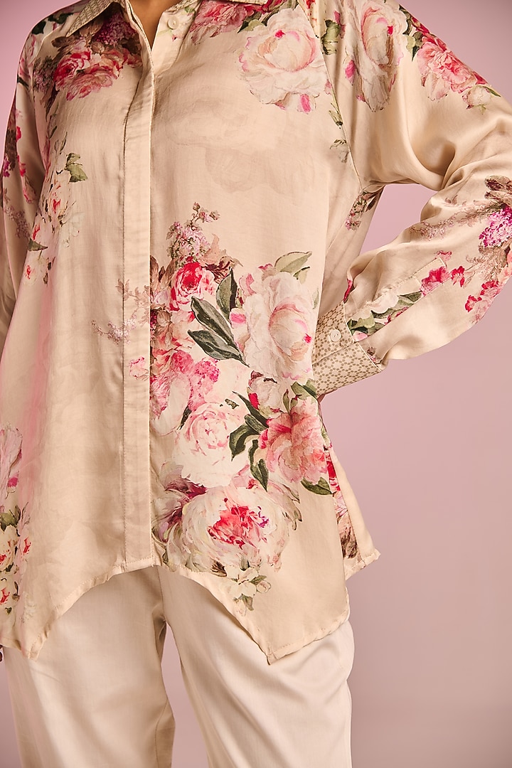 Cream Satin Floral Printed Tunic Set by Kalista at Pernia's Pop Up Shop
