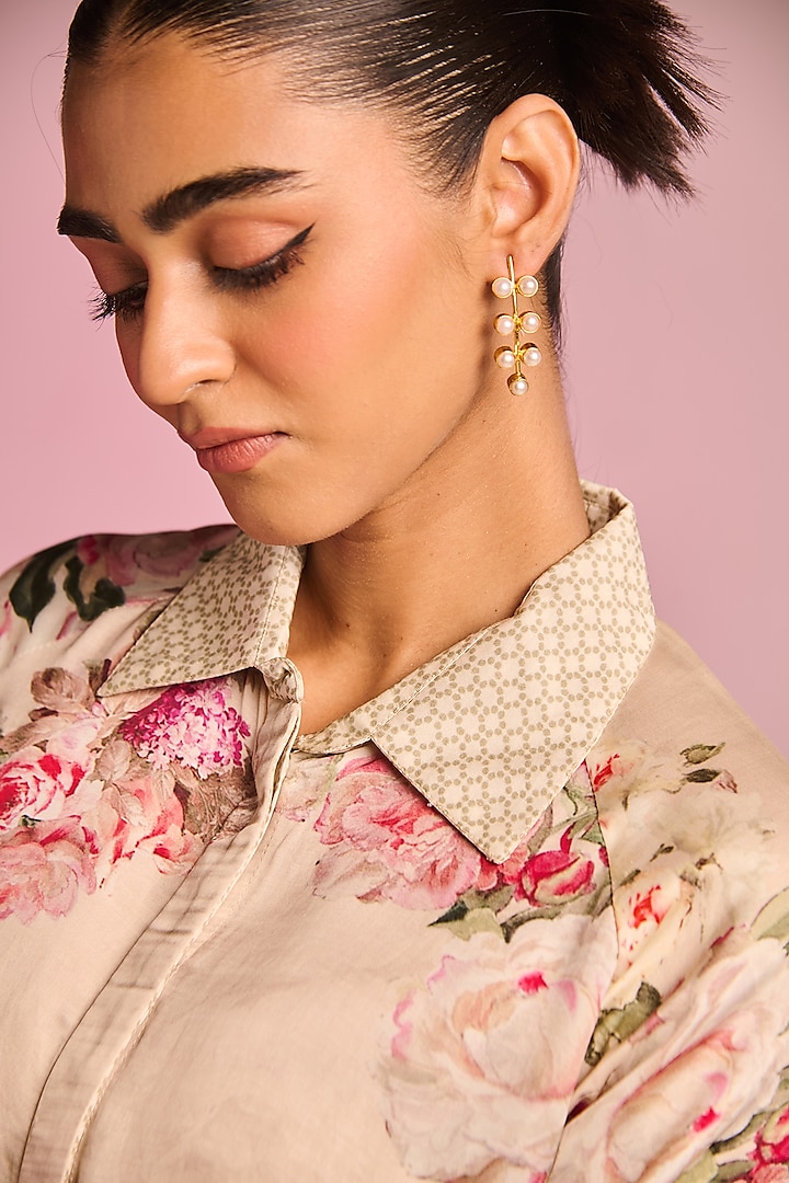 Cream Satin Floral Printed Tunic Set by Kalista at Pernia's Pop Up Shop