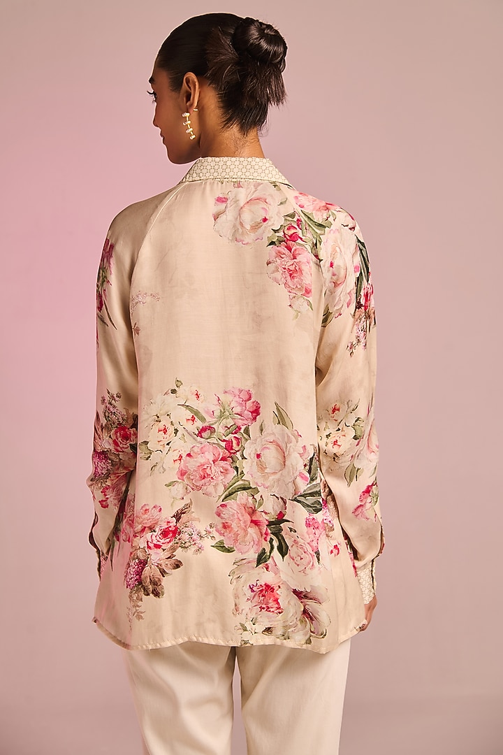 Cream Satin Floral Printed Tunic Set by Kalista at Pernia's Pop Up Shop
