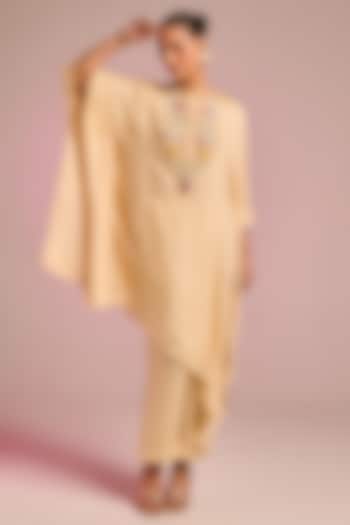 Beige Viscose Moss Floral Hand Embroidered Kaftan Set by Kalista at Pernia's Pop Up Shop