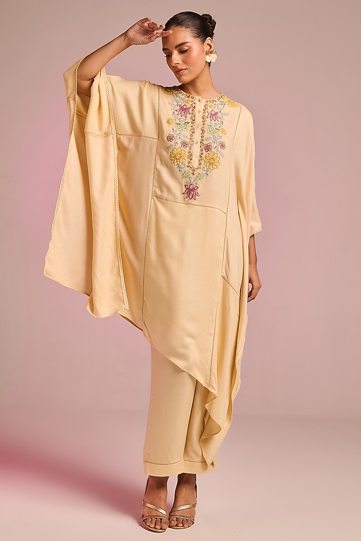 Beige Viscose Moss Floral Hand Embroidered Kaftan Set by Kalista at Pernia's Pop Up Shop