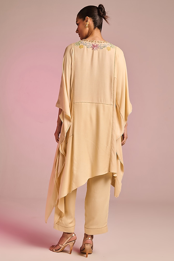 Beige Viscose Moss Floral Hand Embroidered Kaftan Set by Kalista at Pernia's Pop Up Shop