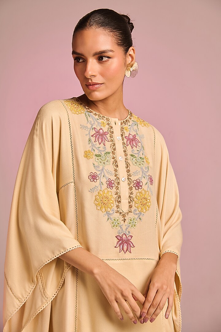 Beige Viscose Moss Floral Hand Embroidered Kaftan Set by Kalista at Pernia's Pop Up Shop