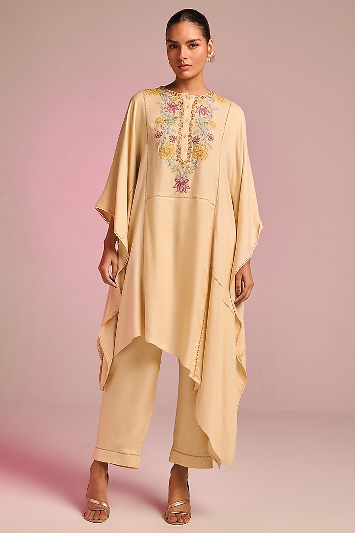 Beige Viscose Moss Floral Hand Embroidered Kaftan Set by Kalista at Pernia's Pop Up Shop