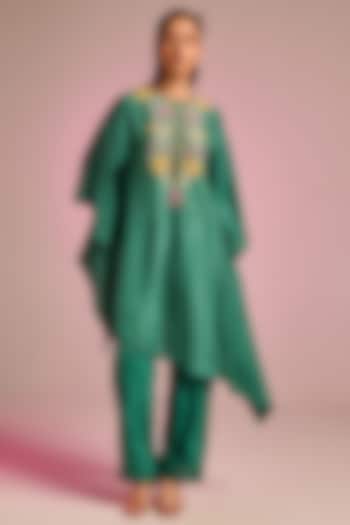 Emerald Green Viscose Moss Floral Hand Embroidered Kaftan Set by Kalista at Pernia's Pop Up Shop