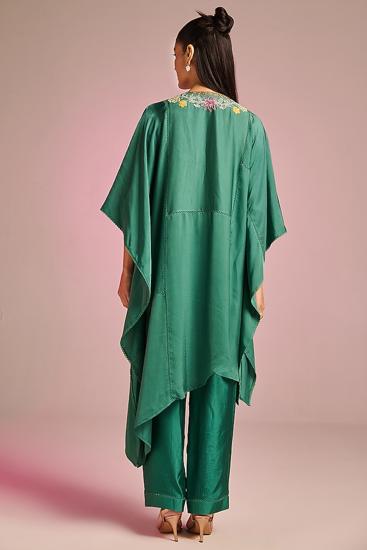 Emerald Green Viscose Moss Floral Hand Embroidered Kaftan Set by Kalista at Pernia's Pop Up Shop