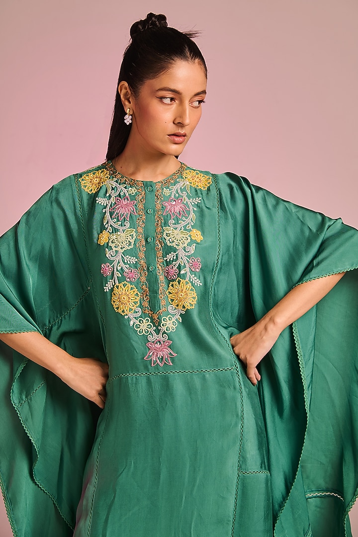 Emerald Green Viscose Moss Floral Hand Embroidered Kaftan Set by Kalista at Pernia's Pop Up Shop