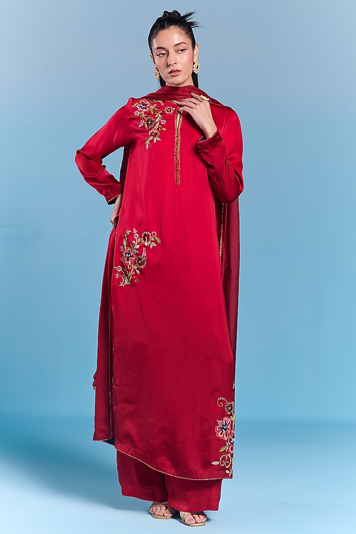 Crimson Red Viscose Satin Floral Hand Embroidered Kurta Set by Kalista at Pernia's Pop Up Shop