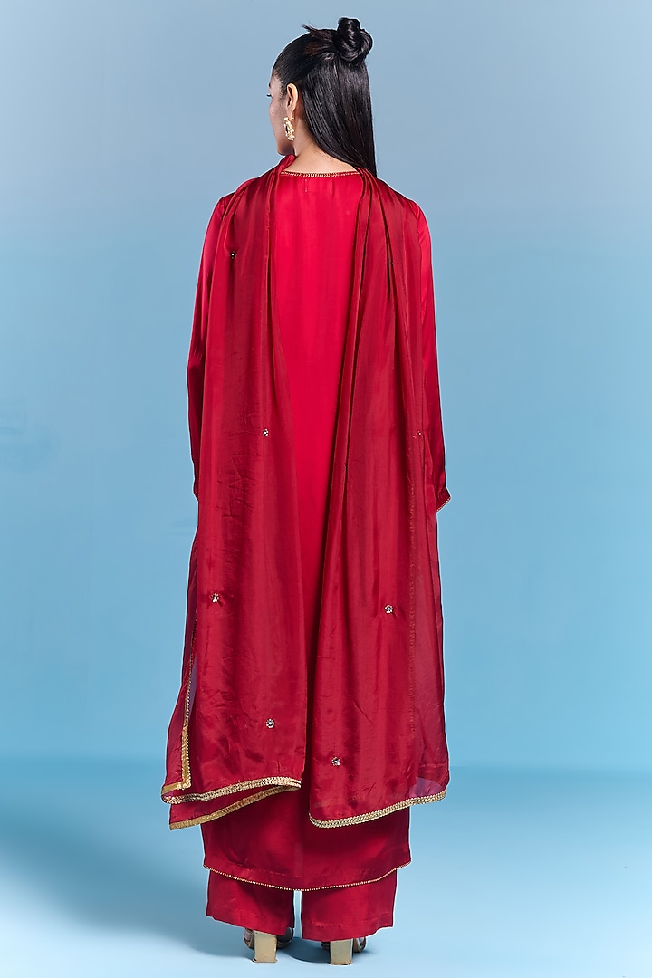 Crimson Red Viscose Satin Floral Hand Embroidered Kurta Set by Kalista at Pernia's Pop Up Shop