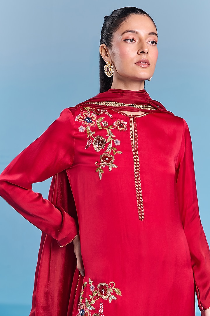 Crimson Red Viscose Satin Floral Hand Embroidered Kurta Set by Kalista at Pernia's Pop Up Shop