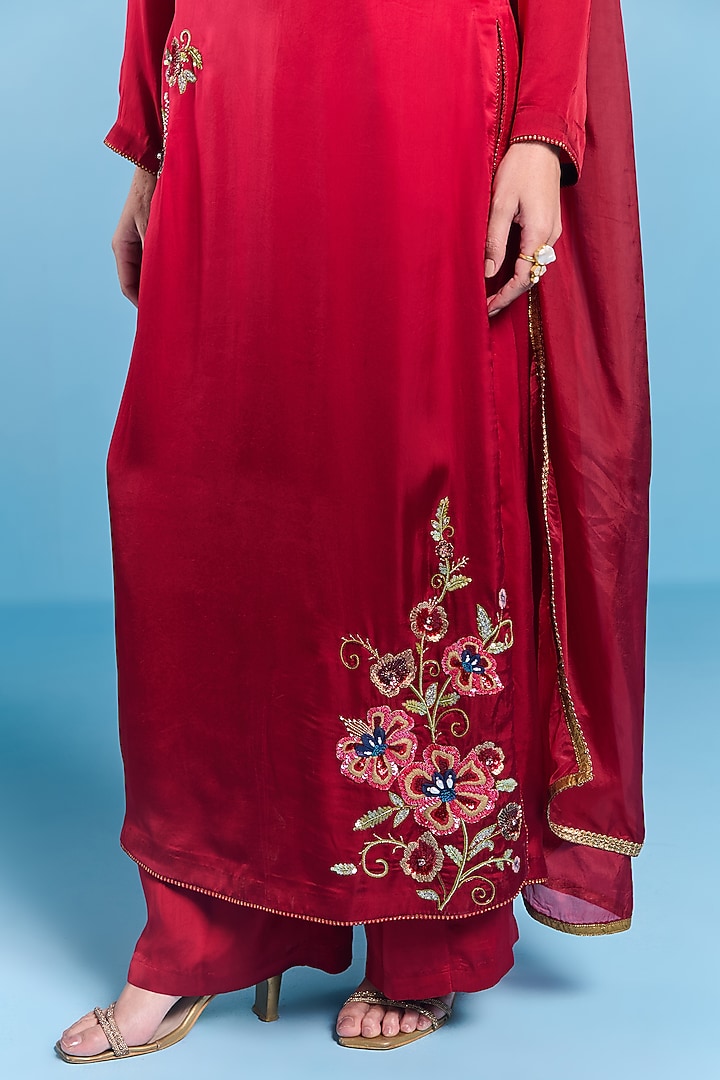 Crimson Red Viscose Satin Floral Hand Embroidered Kurta Set by Kalista at Pernia's Pop Up Shop
